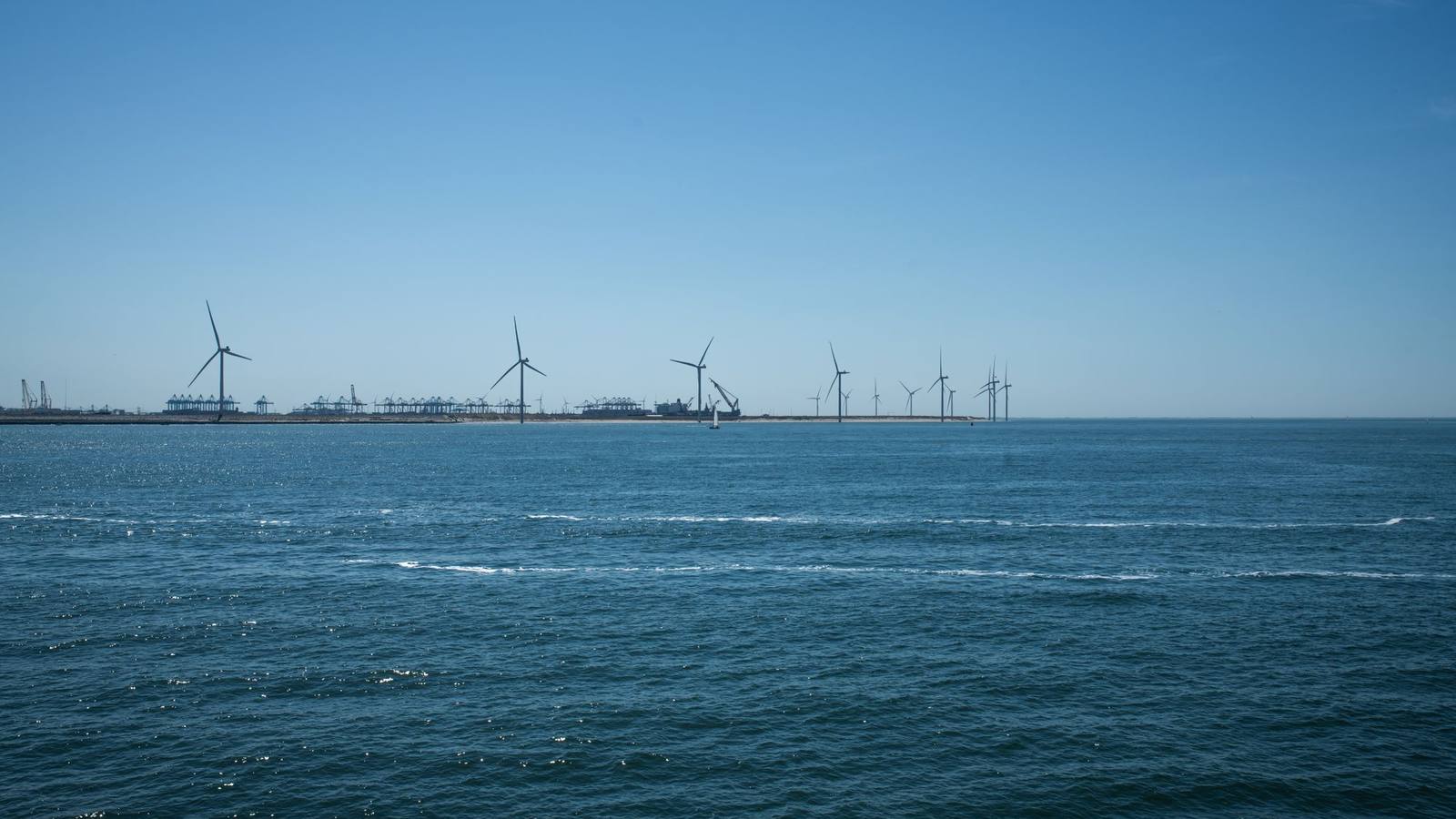 An offshore wind farm on a calm sea under a clear blue sky.
