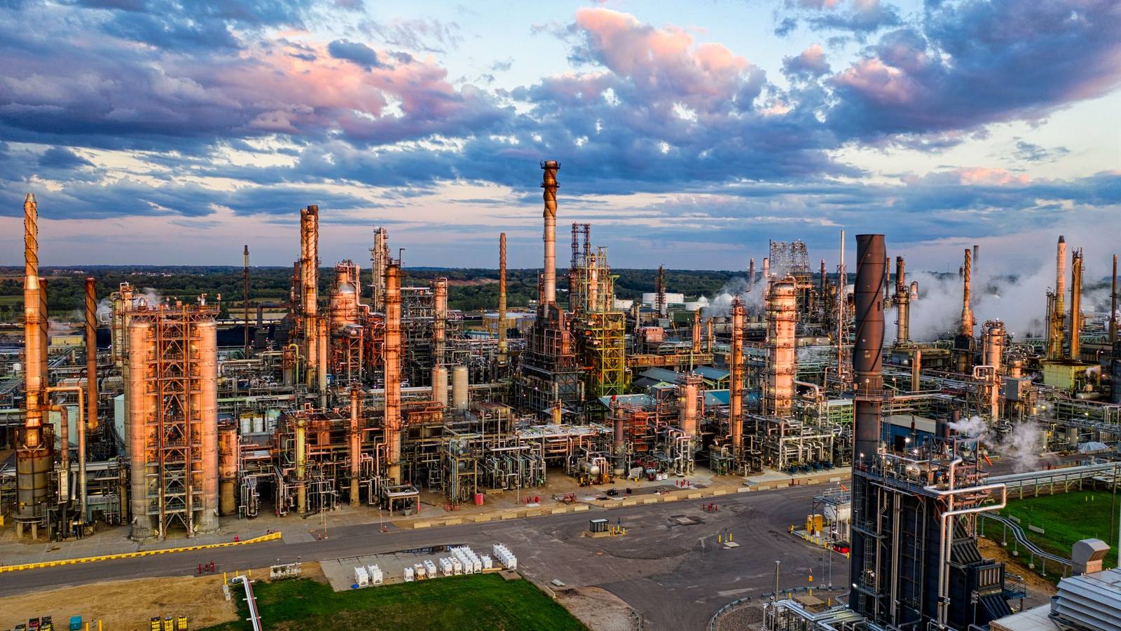 An aerial view of an oil refinery in Rosemount, Minnesota, at sunset.